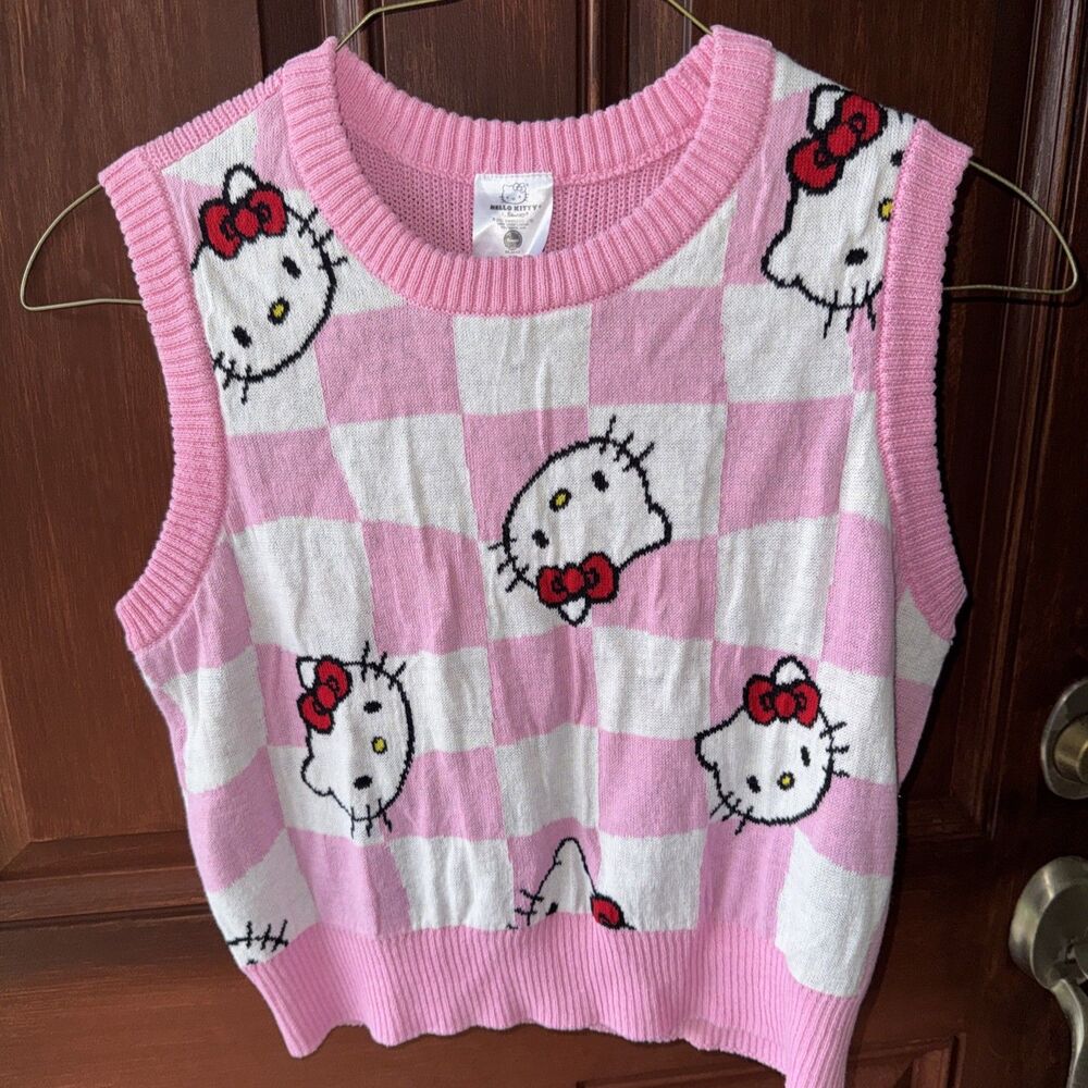Hello Kitty Sanrio Pink Checkered Sweater Vest Size Large